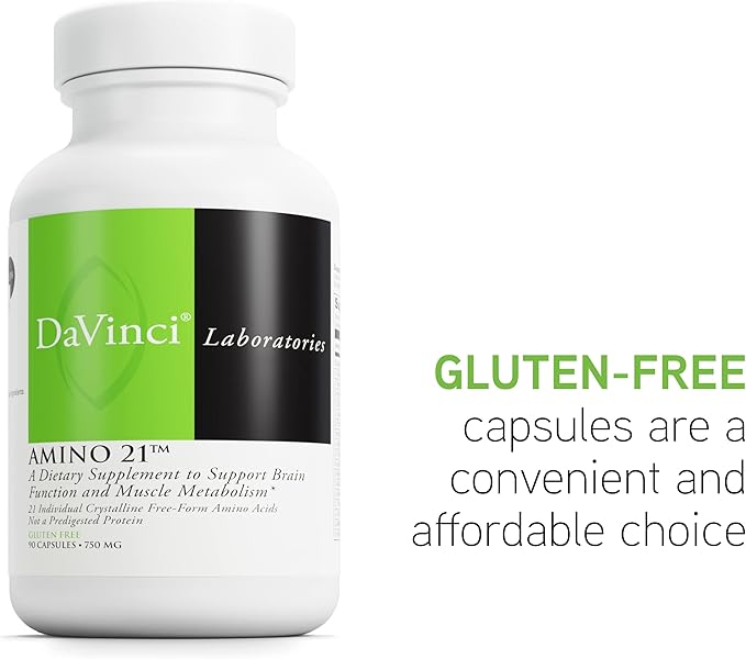 DAVINCI Labs Amino 21 - Supports Brain Function &amp Muscle Metabolism* - Amino Acid Dietary Supplement with L-Glutamine L-Lysine HCl Tyrosine L-Arginine and More - Gluten-Free - 90 Capsules 750
