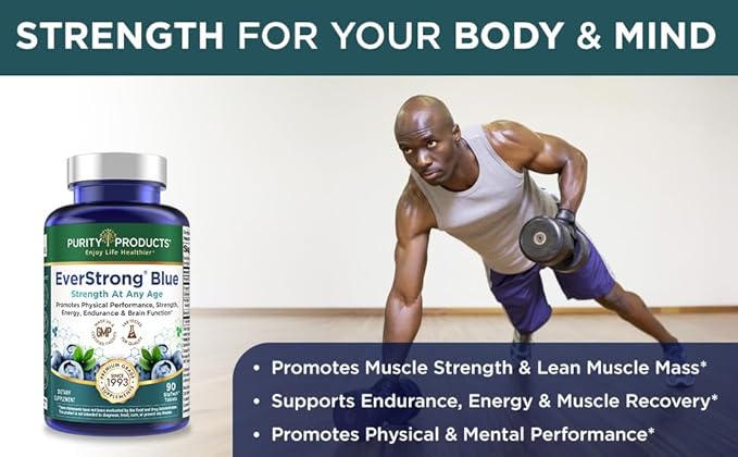 Purity Products EverStrong Blue Strength Building + Brain Boosting w/Muscle Matrix Blend ft. Creatine Monohydrate + More PurityBlue Organic Blueberry Complex 1000 IU Vitamin D3-90 Tablets