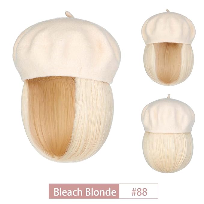 Hat Wig Beret Hat with Hair Extensions Classic French Wool Hat Straight Short Bob Hairpiece Women Bob Wig Hats