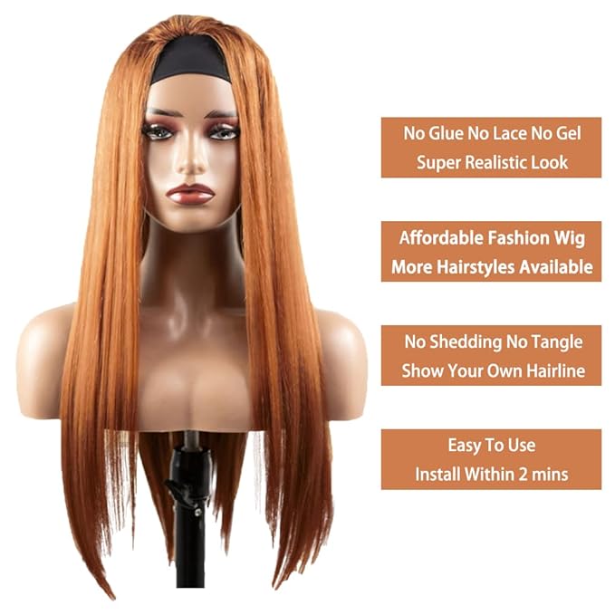 34 Inch #30 Brown Headband Wig Human Hair Straight Light Brown None Lace Front Wig 150% Density Grade 8A Unprocessed Brazilian Virgin Hair Machine Made Wig
