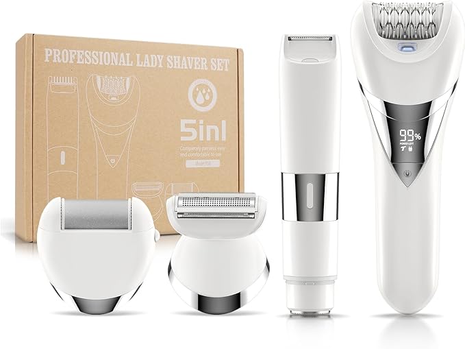 Electric Bikini Epilator for Women 5 in 1 Hair Removal for Face Chin Arm Leg Armpit Bikini Trimmer IPX6 Waterproof USB Rechargeable Wet &amp Dry Lady Shaver2 Speeds &amp 5 Cutter Heads