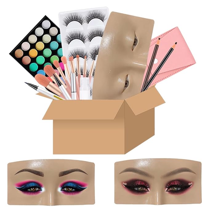 Makeup Practice Face Board Resusable 3D Makeup Mannequin Face Eyes Makeup Practice Face with Makeup Kit for Makeup Student and Beginner to Practice Eyeshadow Eyeliner Eyebrow Makeup &amp Lash Exten