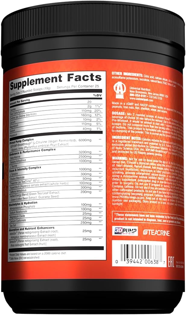 Animal Primal Muscle Hydration + Preworkout Powder ? Contains Beta Alanine 3DPump Caffeine &amp Electrolytes ? Improves Energy Focus Endurance &amp Absorption ? New Wick?™d Peach Flavor 16.75 oz