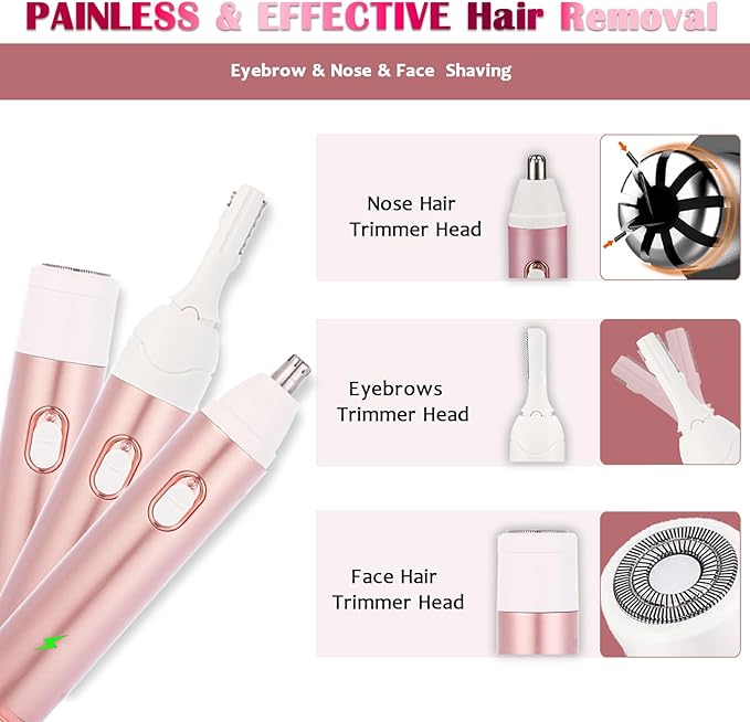 Electric Lady Shaver 4-in-1 Shaving Kit for Women Bikini Trimmer Facial Hair Remover Eyebrow Trimmer Nose Hair Trimmer Rechargeable Wet &amp Dry Use Easy Cleansing (Rosegold)