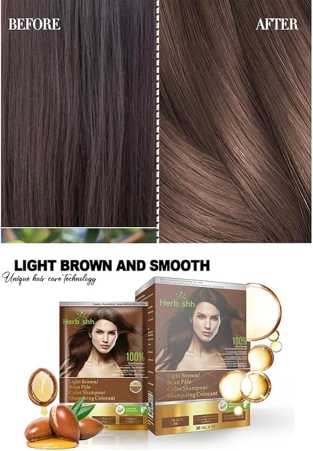 Herbishh Light Brown 3 in 1 Hair Dye Shampoo 500 ML + Travel Size Dye Shampoo pack of 10 30 ML Each - Champu Para Canas Muje