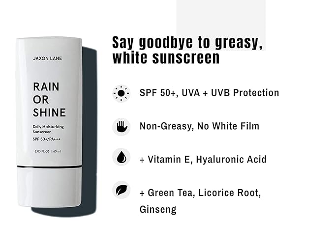 RAIN OR SHINE Anti Aging Face Sunscreen SPF 50 for Clear Skin w/Green Tea Hyaluronic Acid Vitamin E Oil Ginseng Licorice Root ? SPF Moisturizer for Face &amp Body (Fragrance-Free 2.03 Fl Oz 4 p