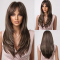 Heat Resistant Synthetic Wigs Long Layered Black Blonde Highlights with Bangs for Women Party Cosplay (Light Brown24)