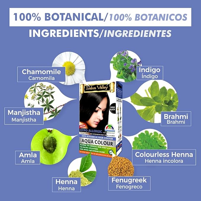 Indus Valley Aqua Hair Color (Indus Black) Gray Coverage Hair Dye Allergy Free Organic Hair Color Organic Hair Dye for Grey Coverage Allergy-Free Long-Lasting Hair Colour