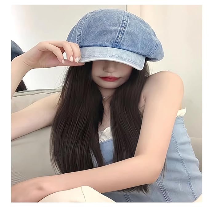 Women's Wig hat Wig Denim Beret Wig Straight Hair Baseball Cap Wig for Girl Christmas Halloween Daily Party Use Cool Brown 1