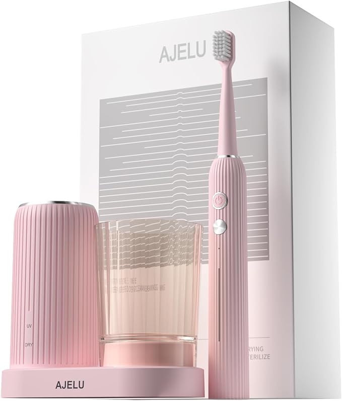 Electric Toothbrush Set for Women with UV Light Drying Holder 8 Brush Heads Smart Timer USB Rechargeable ? Soft Pink Edition