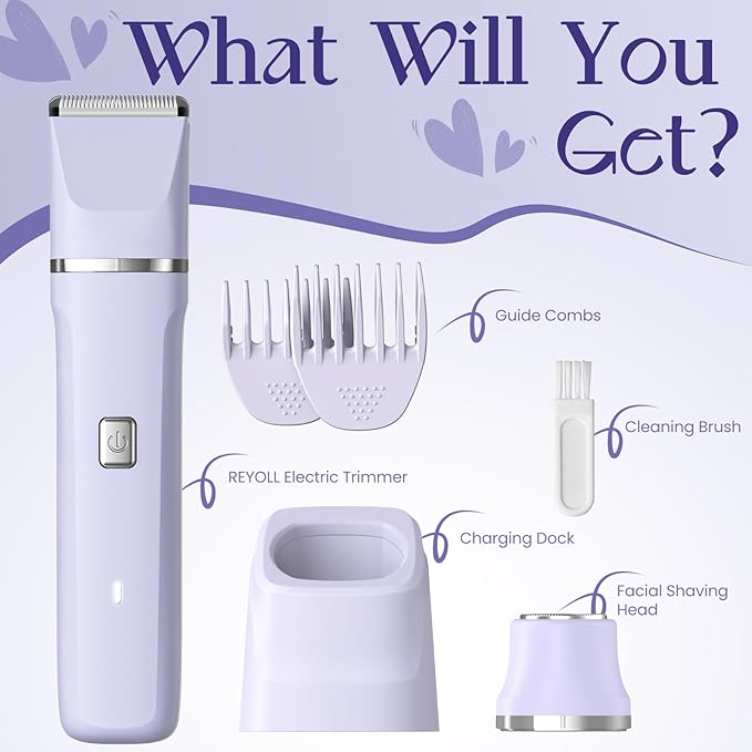 Electric Razors for Women - IPX7 Waterproof Painless Portable Bikini Trimmer Shaver Body &amp Pubic Hair Removal Machine Womens Lady Shaving Trimmers for Legs Private Area - Purple