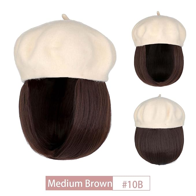 Hat Wig Beret Hat with Hair Extensions Classic French Wool Hat Straight Short Bob Hairpiece Women Bob Wig Hats