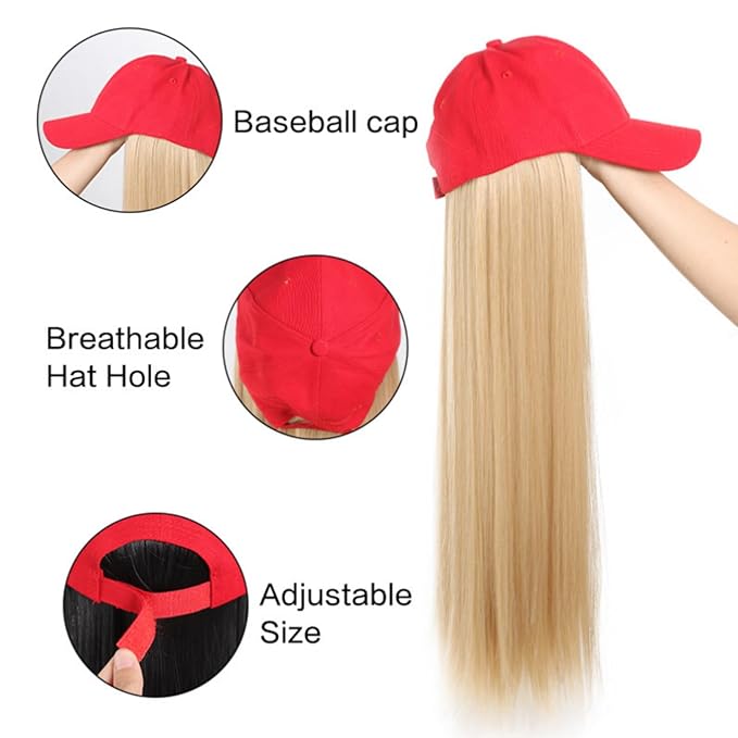 Sun Hat Wig for Women Baseball Cap with Hair Extensions Attached 22 Long Wavy Straight Hairpieces Synthetic Wig