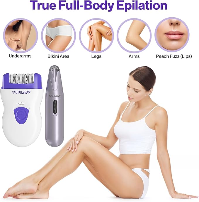 Epilady Face &amp Body Hair Removal Device Bundle Speed Corded Epilator + Esthetic Facial Hair Removal for Women Epilator for Women Legs Arms Underarms Face Bikini (Purple)