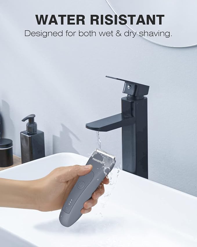 MANSPOT Electric Groin Hair Trimmer Hair Finishing Trimmers Men's Shaving &amp Grooming Sets Kit with 4 Guards and Replaceable Ceramic Blade HeadsWaterproof Wet/Dry Trimmer90 Minutes Shaving Tools