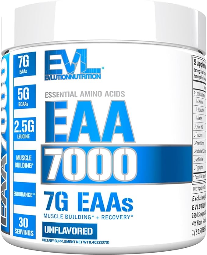 Evlution Nutrition EAA7000 - Pre &amp Post Workout Powder - Muscle Building + Recovery Supplement - 7g Essential Amino Acids + 5g BCAAs - Endurance + Energy Support - 30 Servings - Unflavored