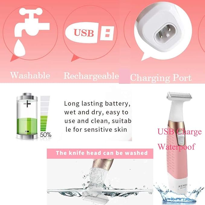 Electric Shaver Trimmer for Women Full BodyPainless Lady Wet &amp Dry Electric Bikini Line Trimmer Body Hair Remover for Leg Underarm Eyebrow PublicUSB Rechargeable Cordless Waterproof