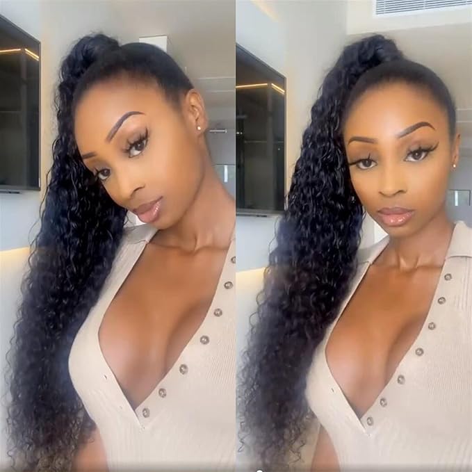 Hair Accessories 12-26 Inch Curly Ponytail Real Hair Extensions Ponytail Curly Wrap Black Wig Hair Slices for Black Women Wig Hair Bun Hair Pieces For Women(24inches 100g)