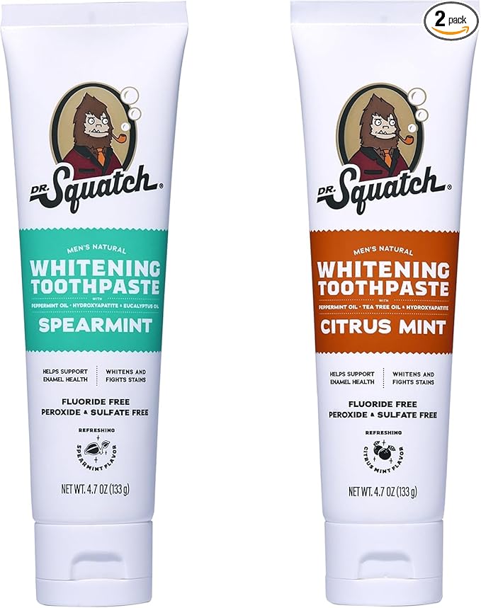 Dr. Squatch Natural Teeth Whitening Toothpaste Kit - Day and Night Flouride Free Natural Toothpaste - Citrus Mint Spearmint (4.7 oz 2-Pack)