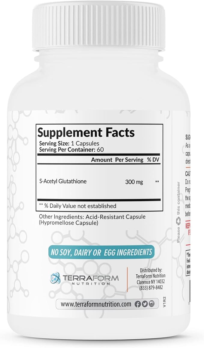 TerraForm Nutrition Extra Strength S-Acetyl Glutathione 300mg ? 60 Acid-Resistant Capsules - Premium Glutathione Supplement - Highly Bioavailable &amp Stable Form SAG Supplement ? Made in USA
