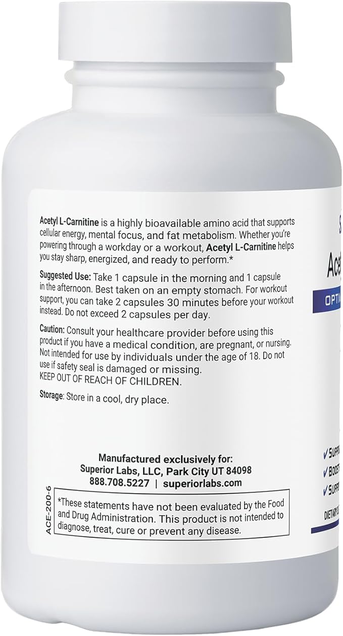 Superior Labs Acetyl L-Carnitine 500 mg High Potency ALCAR Pure Non-GMO Zero Synthetic Additives Maximum Absorption Energy &amp Fat Metabolism Brain Nerve &amp Cellular Detox Support (200 Ve