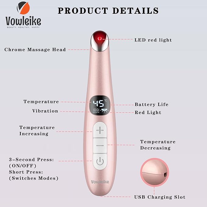 Eye Lift Wand 3 in 1 Vibrating 98°F to 113°F LCD Eye Massager for Dry Eyes Dark Circles and Puffiness Face &amp Neck Lifting Tool for Fine Lines and Wrinkles Rose Gold