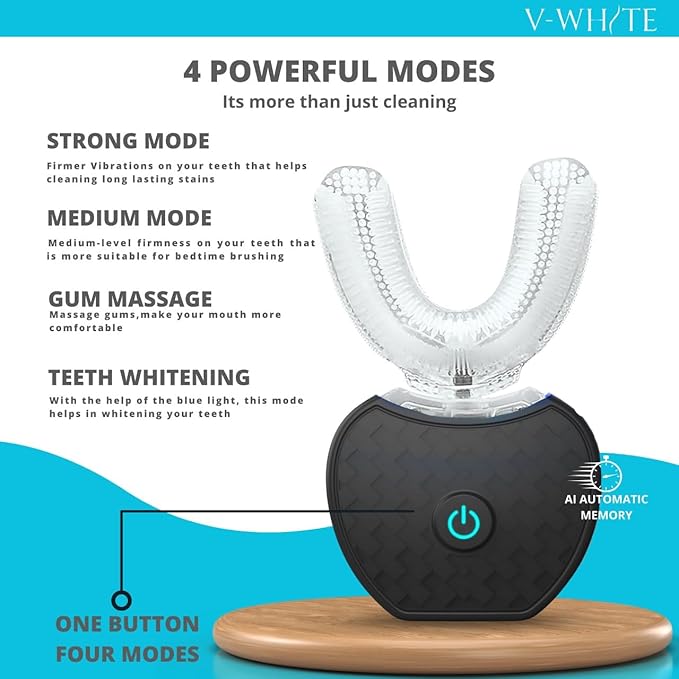 V-WHITE Ultrasonic U-Shaped Toothbrush for Teeth Whitening Electric Toothbrush For Adults - 360° Mouth Cleansing Hands Free Gums Protection - Wireless Charging &amp LED Light -Waterproof IPX7 Certi