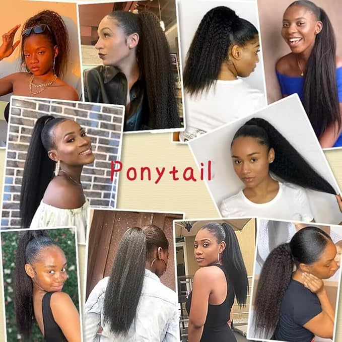 datanala Brazilian Remy Kinky Straight Ponytail Human Hair Extensions 16Inch Drawstring Ponytail Yanky Straight Human Hair Ponytail Clip in Hair Extensions Nature Black Color for Women