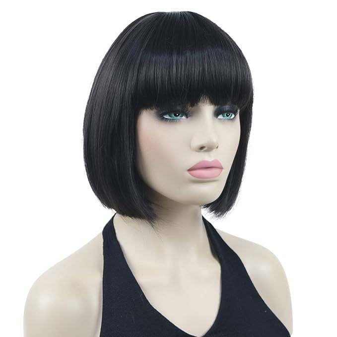 Lydell 8 Straight Short Bob Hair Flat Bangs Cute Central Dot Skin Top Heat Resistant Synthetic Wigs (4 Dark Brown)