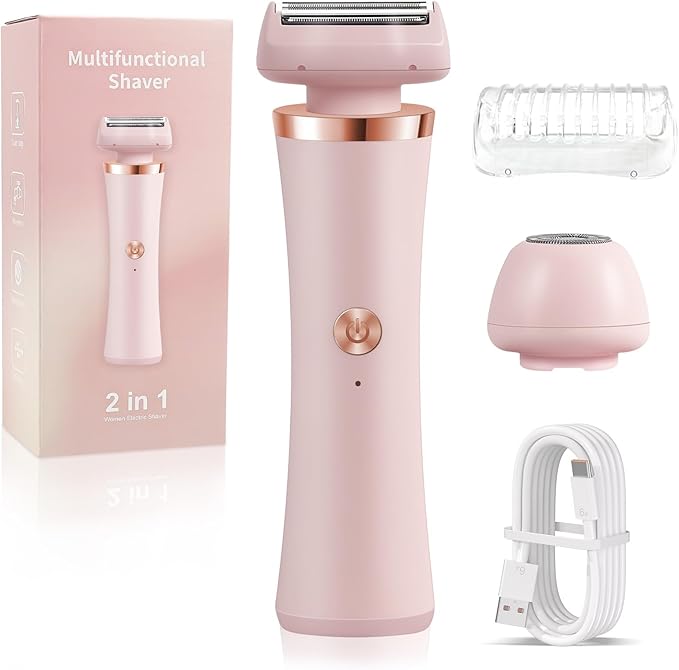 Bikini Trimmer for Women &amp Men - 2 in 1Replaceable Painless Electric Razor for Body &amp FaceWireless Portable Trimmer for Women Wet &amp Dry Electric ShaverIPX7 WaterproofUSB Rechargeable
