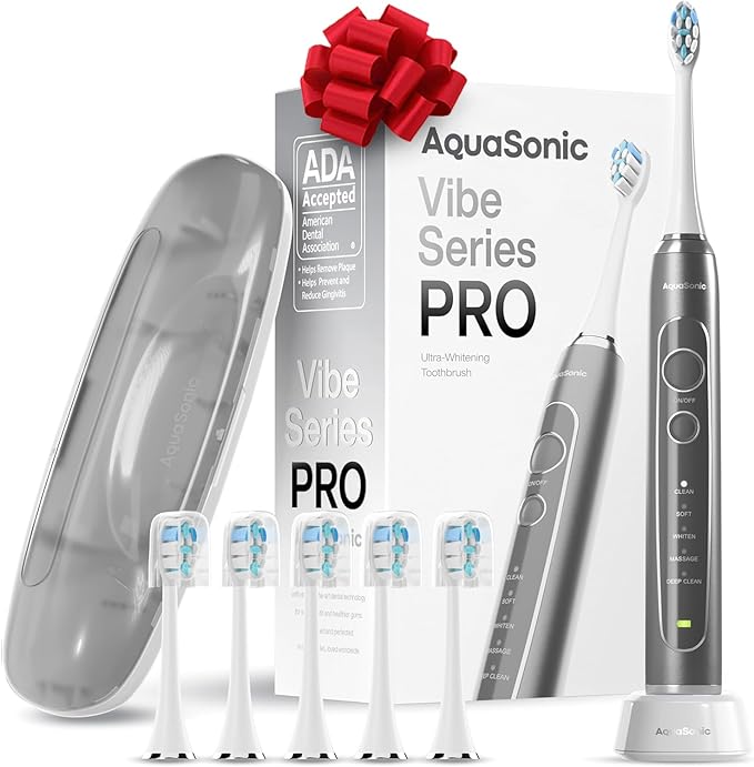 Aquasonic Vibe Series PRO ? Ultra-Whitening Electric Toothbrush ? 5 Modes &amp Smart Timers ? Premium Travel Case &amp 6 Proflex Brush Heads ? ADA Accepted Toothbrush (Charcoal Metallic)