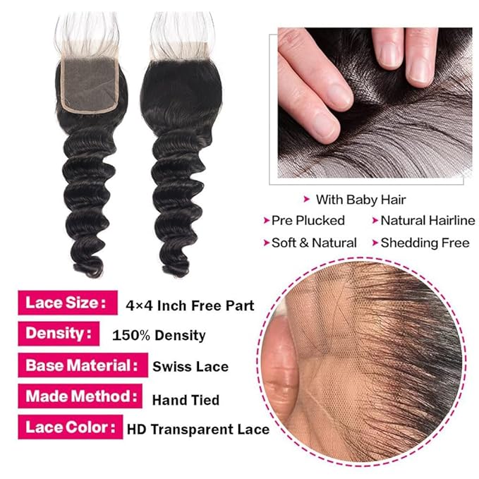 Loose Deep Wave Brazilian Virgin Hair Bundles With Closure - Wet and Wavy Human Hair With 44 Free Part Closure - Loose Deep Curly Bundles 20 22 24+18 Inch