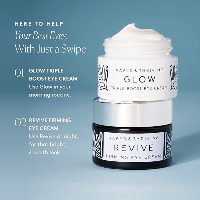 Naked &amp Thriving The Radiant Eye Set | Glow Triple Boost Eye Cream (15 mL) + Revive Firming Eye Cream (15 mL) with Peptides Hyaluronic Acid Bakuchiol and Shea Butter (Set of 2)