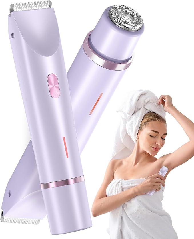 Bikini Trimmer for Women Dual-Head Women's Electric Razor 2-in-1 Electric Shaver for Women Pubic Hair/Legs/Arms/Underarm/Face IPX7 Waterproof Wet/Dry Use (Purple)