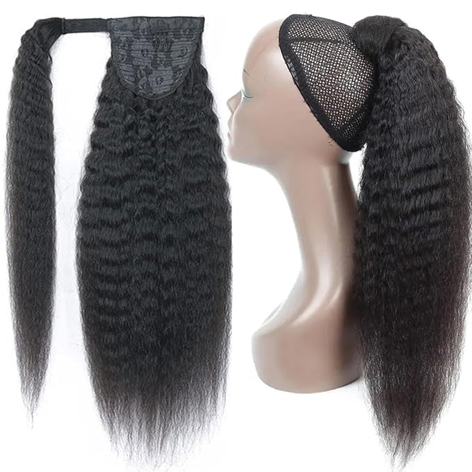 12 Inch Afro Kinky Straight Wrap Around Human Hair Ponytai Wrap Around Ponytail with Clips Soft and Bouncy Magic Yaki Kinky Straight Magic Paste Ponytail Virgin Remy Human Hair Extension