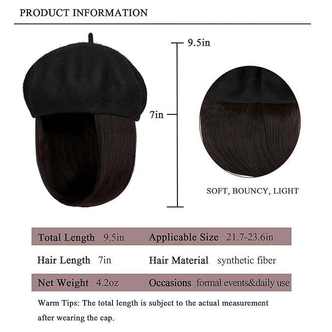 Hat Wig Beret Hat with Hair Extensions Classic French Wool Hat Straight Short Bob Hairpiece Women Bob Wig Hats