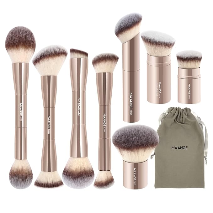 MAANGE 8 Pcs Makeup Brushes with Bag Double-End Multi-functional Makeup Brushes for Blending Liquid Powder Concealer Cream Blush Buffe (Gold)