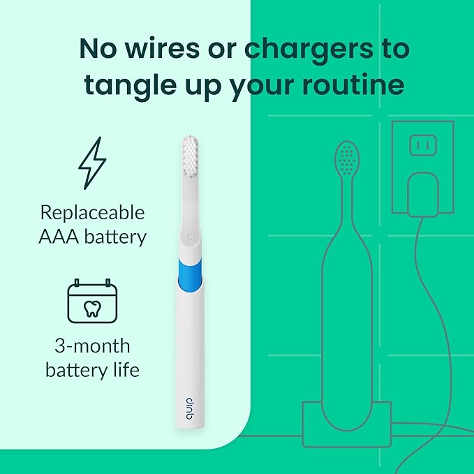 Quip Sonic Toothbrush for Adults with Timer - Includes Extra Brush Head and Travel Cover Mount - Electric Soft Bristle Refill Head Plastic Handle 3 Month Battery Life - Travel Toothbrush - Blue
