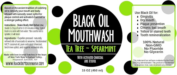 Coconut/Avocado/Sesame Black Oil Mouthwash Sweet &amp Delicious with Charcoal &amp Xylitol for Oil Pulling 15 oz Black Oil Mouthwash Glass Bottle (Tea Tree - Spearmint)