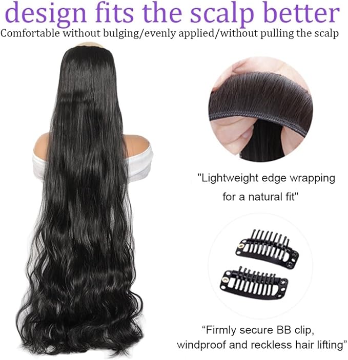 Hair Extensions 40 Inch Ultra Long Wavy Hair Clip in Hair Extensions One Piece Long Thick Synthetic Hairpieces with 5 Clips for Party Cosplay and Various Occasions Hair Extensions Clip in(Black)