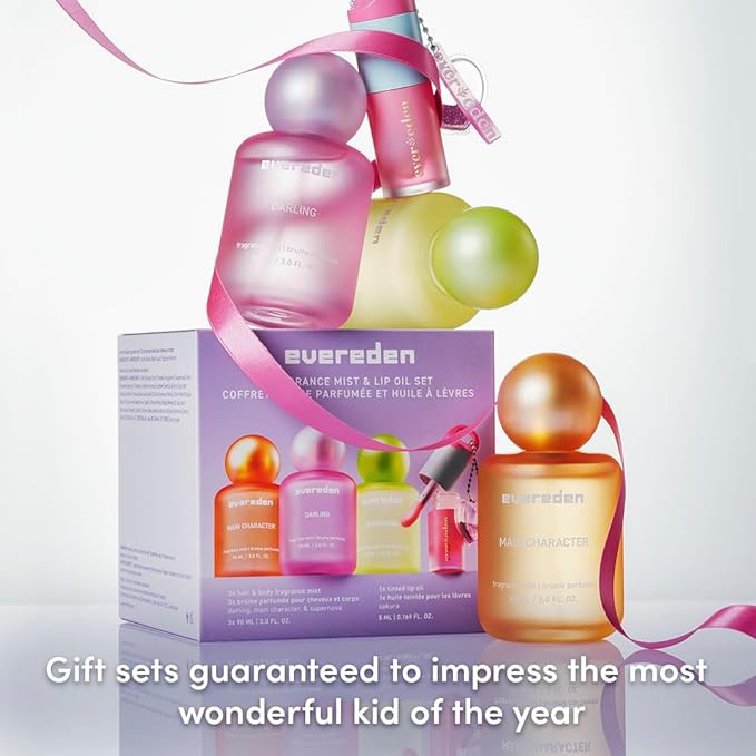 Evereden Kids Fragrance Gift Set ? 3 Hair &amp Body Mists + Tinted Lip Oil | Clean Vegan Non-Toxic Scents for Girls &amp Teens | Fun Self-Care Gift Box with Aesthetic Collectible Bottles