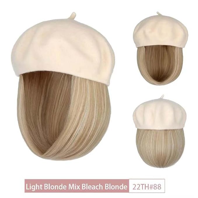 Hat Wig Beret Hat with Hair Extensions Classic French Wool Hat Straight Short Bob Hairpiece Women Bob Wig Hats
