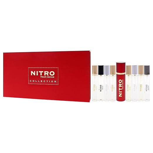Nitro Collection by Dumont for Men ? 9pc Mini Gift Set: 8 x 0.34oz EDP Vials (Black Green Intense Platinum Red White Blue Nitro Pour Homme) + Travel Spray Case