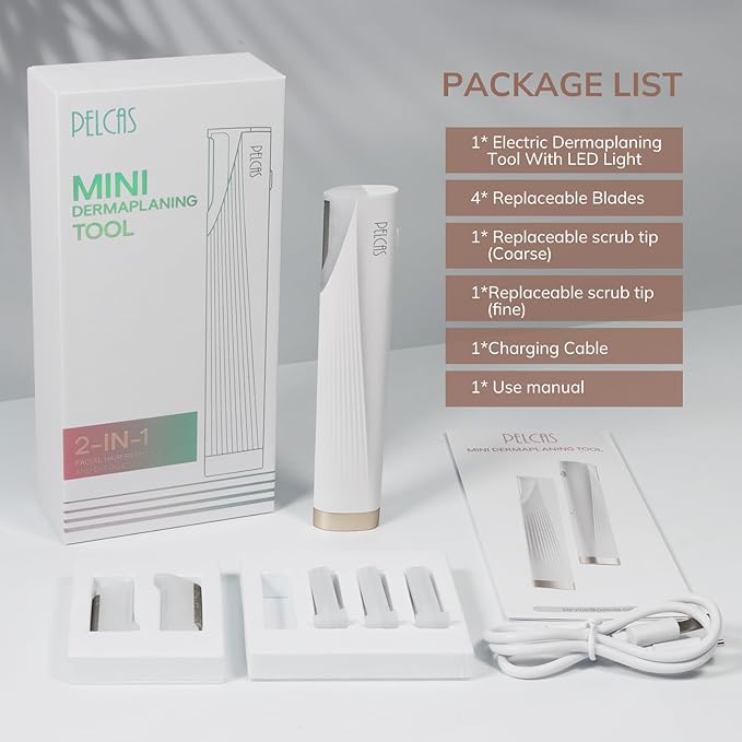PELCAS Electric Dermaplaning Tool for Face with LED Light Mini Facial Dermaplaning Razor Kit Painless 3 Speeds Facial Peach Fuzz &amp Hair Removal at Home for Women with 6 Blades Off White