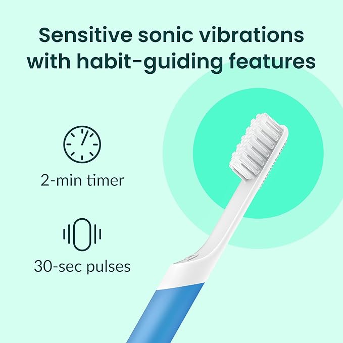 Quip Sonic Toothbrush for Adults with Timer - Includes Extra Brush Head and Travel Cover Mount - Electric Soft Bristle Refill Head Plastic Handle 3 Month Battery Life - Travel Toothbrush - Blue