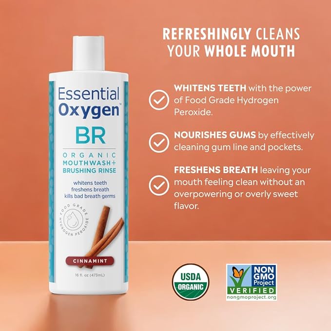 Essential Oxygen BR Certified Organic Brushing Rinse All Natural Mouthwash for Whiter Teeth Fresher Breath and Happier Gums Alcohol-Free Oral Care Cinnamint 2 Piece Set 16 Oz