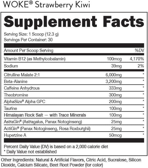 Bucked Up - Woke - HIGH STIM Pre Workout - Best Tasting - Focus Nootropic Pump Strength and Growth 30 Servings (Strawberry Kiwi)