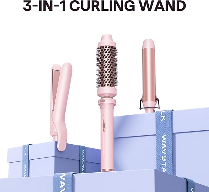 Wavytalk 3 in 1 Curling Wand Set Multi Curl Curling Iron Set with Heated Round Brush Flat Iron Hair Straightener 1 1/4 inch Curling Iron Dual Voltage Hair Curler(Pink)