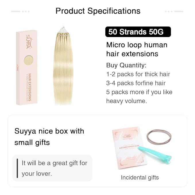 SUYYA Micro Links Hair Extensions Platinum Blonde Micro Loop Human Hair Extensions Straight Microlink Hair Extensions Human Hair 50 Strands 50g/Pack for Women(18 inch #60 Platinum Blonde)