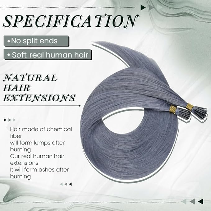 RUNATURE I Tip Hair Extensions Real Human Hair Grey Blue Colored Hair Extensions 22 Inch Long I Tip Hair Extension Human Hair Blue Pre Bonded Hair Extension Remy Natural Hair for Women 25g 25s